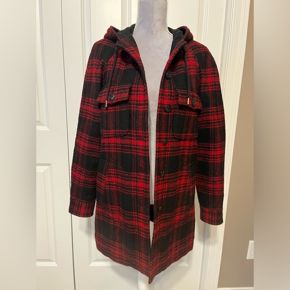 LL Bean Signature Red & Black Buffalo‎ Plaid Women's Classic Wool Coat Hooded SM - Picture 1 of 12